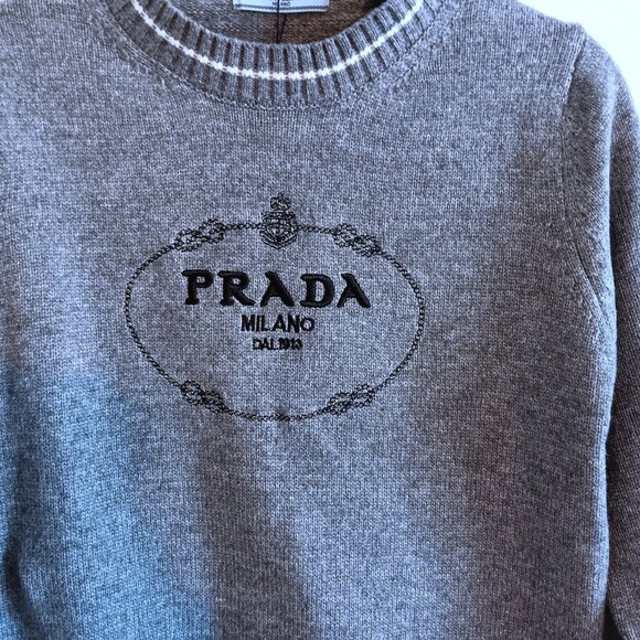 PRADA Gray Grey Knit Long Sleeve Pull Over Sweater With White Stripes Size M NEW - Picture 3 of 5